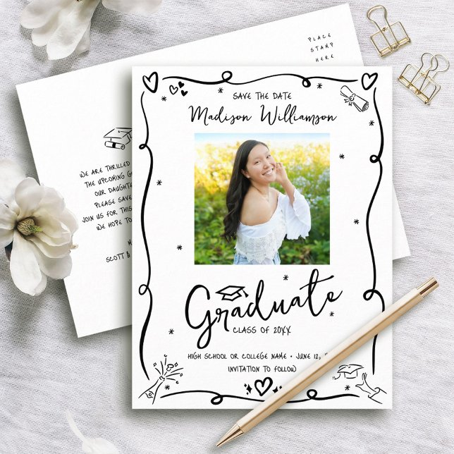 Black Doodles Graduation Save the Date Photo White Invitation Postcard (Creator Uploaded)