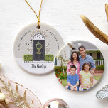 Black Door First Christmas in Our New Home Ceramic Ornament<br><div class="desc">Celebrate your first Christmas in your new home with this beautiful custom holiday ornament featuring a hand drawn front door illustration in black, adorned with a holiday wreath. Personalise the door with your house number, then add the year and your family name. Complete the design with a photo of your...</div>