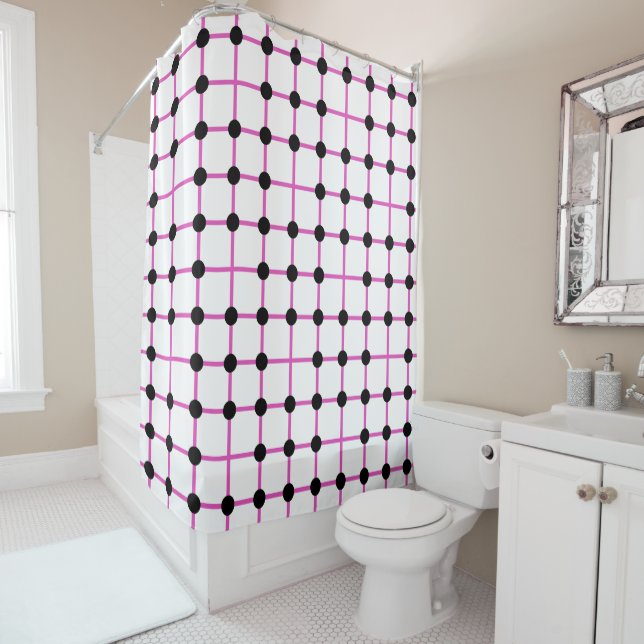 Black Dot and Pink Grid Geometric Pattern Shower Curtain (In Situ)