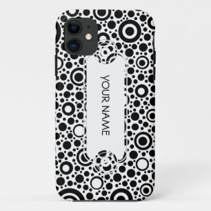 Black Dots & Circle Pattern + your text & backgr. iPhone 11 Case
