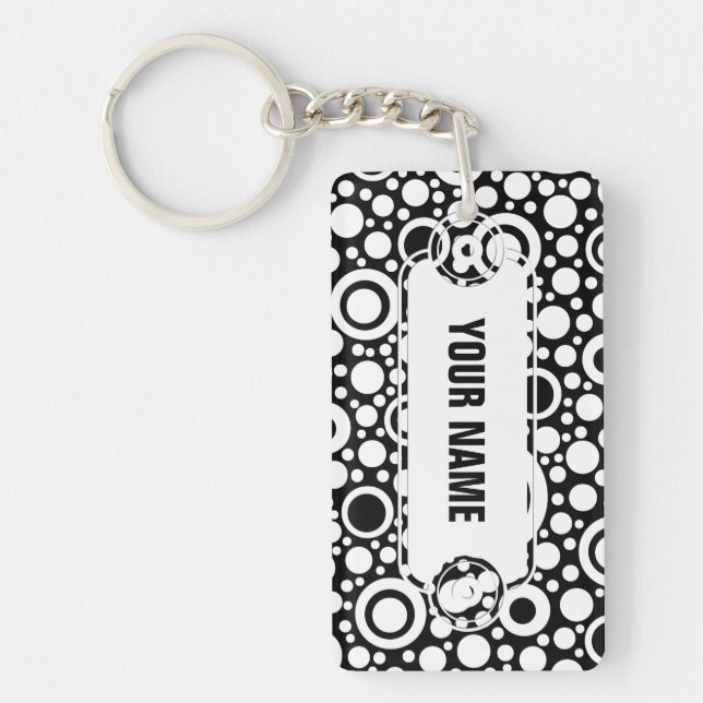 Black Dots & Circles Grid + your backgr. & text Key Ring (Front)