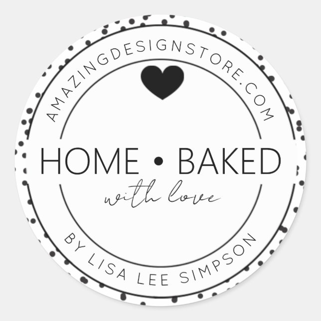 Black dots Home baked With Love Heart  Classic Round Sticker (Front)