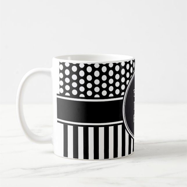 Black Dots & Stripes Grid + your backgr. & text Coffee Mug (Left)