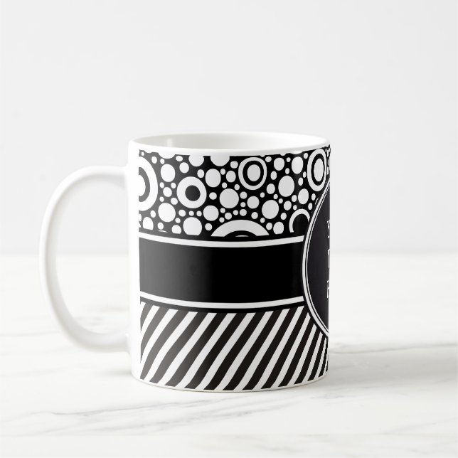 Black Dots & Stripes Grid + your backgr. & text Coffee Mug (Left)