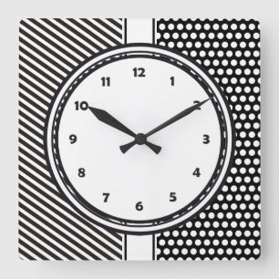 Black Dots & Stripes Grid + your backgr. & text Square Wall Clock