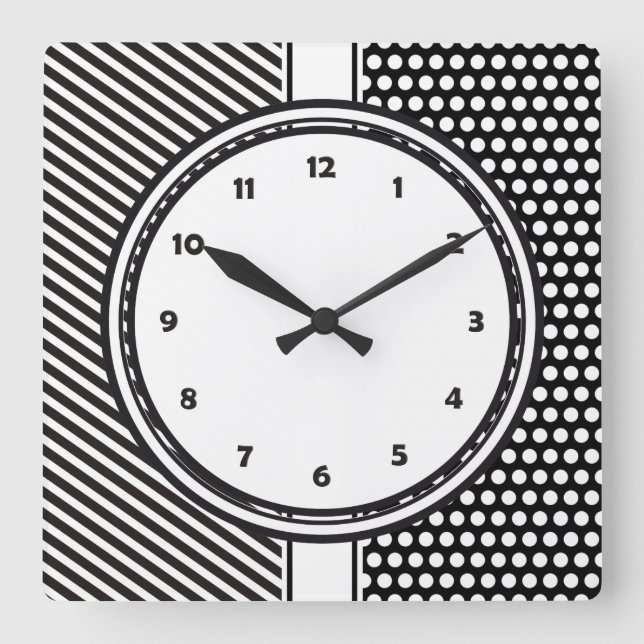 Black Dots & Stripes Grid + your backgr. & text Square Wall Clock (Front)