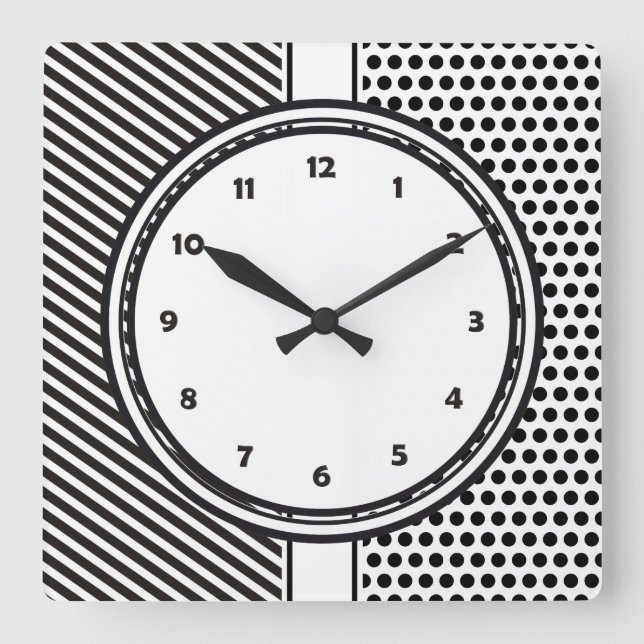 Black Dots & Stripes Grid + your backgr. & text Square Wall Clock (Front)