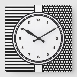 Black Dots & Stripes Grid + your backgr. & text Square Wall Clock