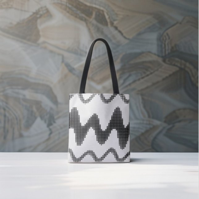 Black Dotted Zigzag Waves on White Tote Bag (Creator Uploaded)