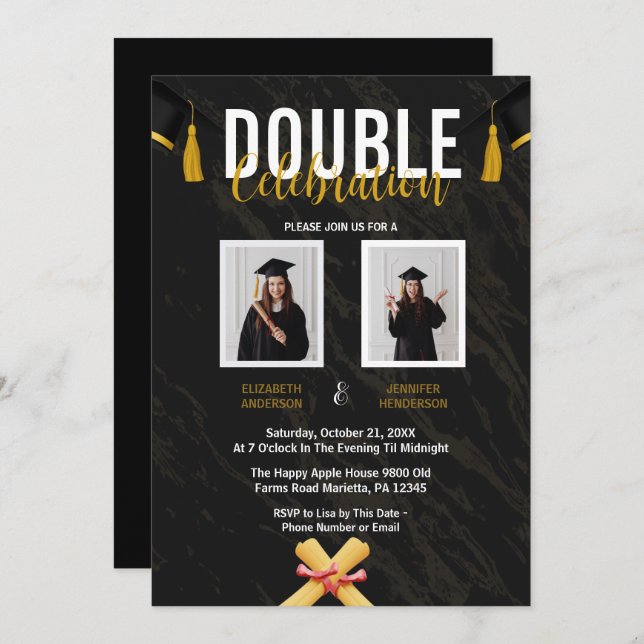 Black Double Celebration Graduation Party photos Invitation (Front/Back)