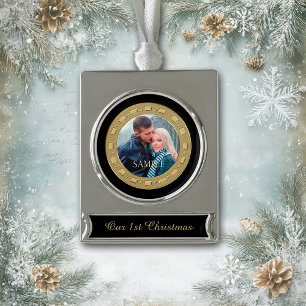 Black Double Frame First Christmas Keepsake Silver Plated Banner Ornament