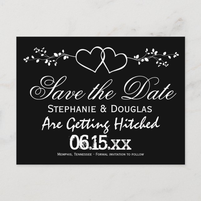Black Double Hearts Save the Date Postcards (Front)