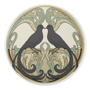 Black Dove Birds Sage Green Gold Art Deco Nouveau Ceramic Knob