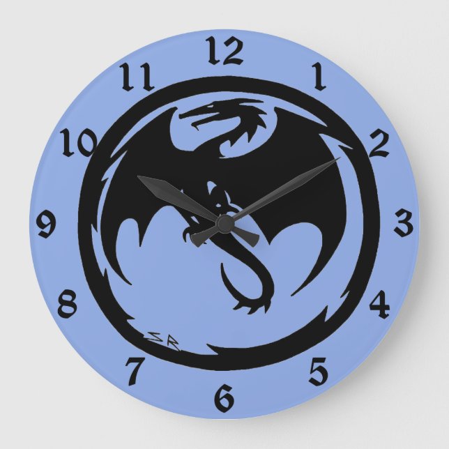 Black Dragon blue wall clock w numbers (Front)