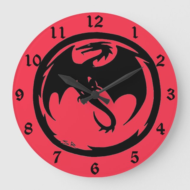 Black Dragon coral wall clock w numbers (Front)