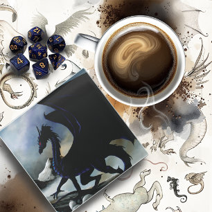 Black Dragon Fantasy Blue Mountains Glass Coaster
