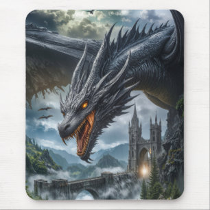 Black Dragon Guarding a Gothic Mountain Castle Mouse Pad
