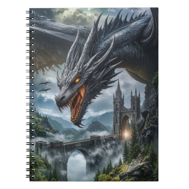 Black Dragon Guarding a Gothic Mountain Castle Notebook (Front)