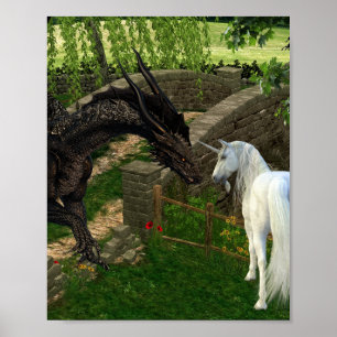Black Dragon meets Unicorn Fantasy Poster