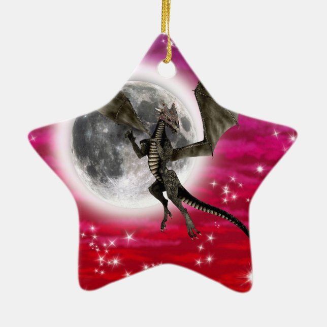 Black Dragon - Mythical Fantasy Creature Red Sky Ceramic Tree Decoration (Back)