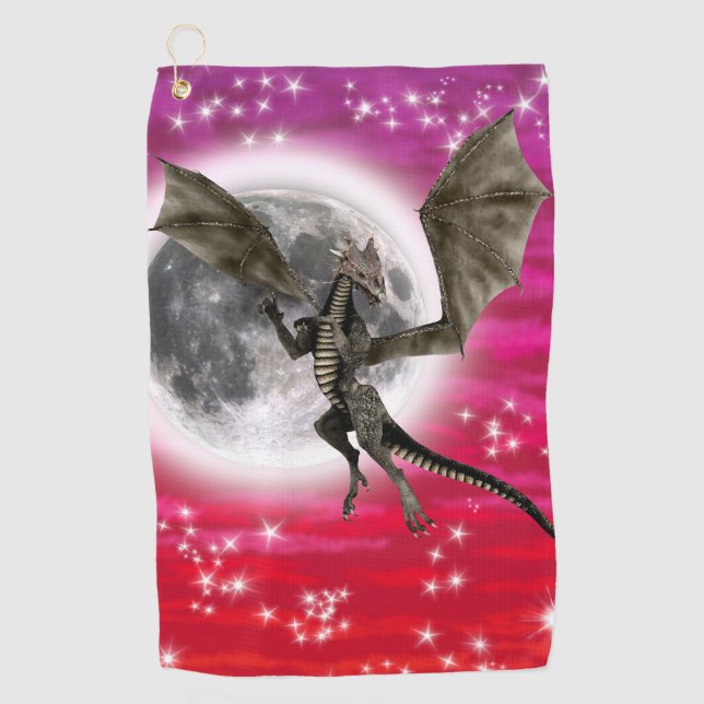 Black Dragon - Mythical Fantasy Creature Red Sky Golf Towel (Front)