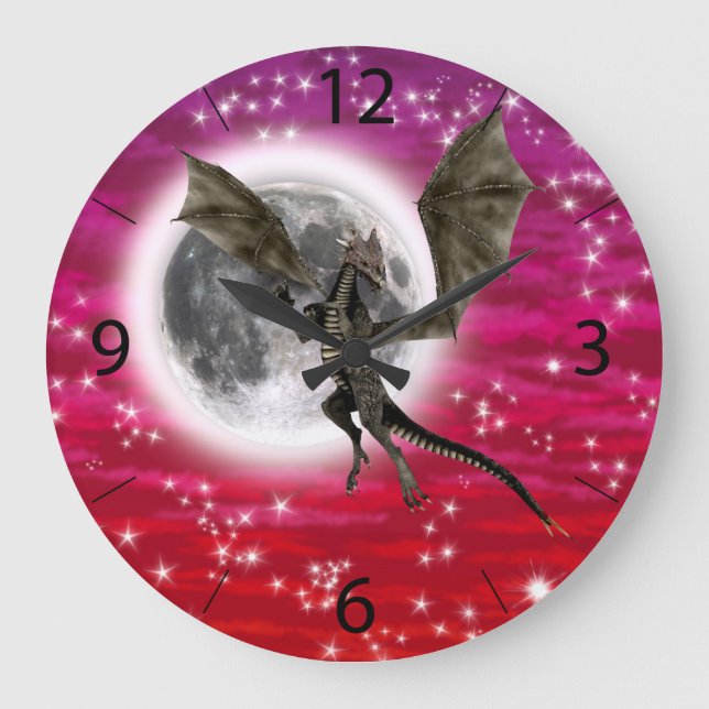 Black Dragon - Mythical Fantasy Creature Red Sky Large Clock (Front)