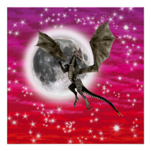 Black Dragon - Mythical Fantasy Creature Red Sky Poster