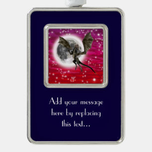 Black Dragon - Mythical Fantasy Creature Red Sky Silver Plated Framed Ornament