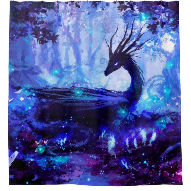 Black dragon, night forest scene. shower curtain (Front)