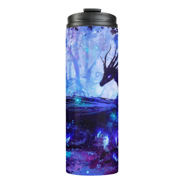 Black dragon, night forest scene. thermal tumbler (Front)