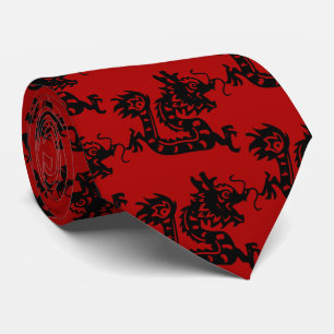 Black Dragon Papercut Chinese New Year Zodiac Red  Tie