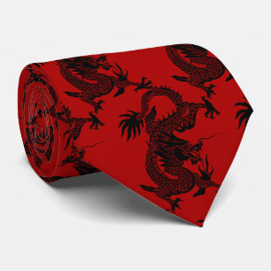 Black Dragon Papercut Chinese New Year Zodiac Red Tie