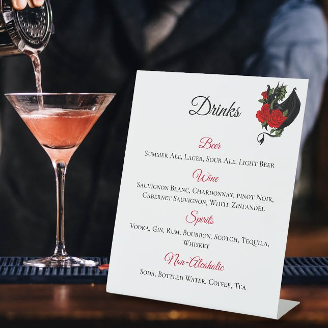 Black Dragon Red Roses Fantasy Drinks Menu Pedestal Sign (Creator Uploaded)
