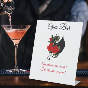 Black Dragon Red Roses Fantasy Open Bar Pedestal Sign