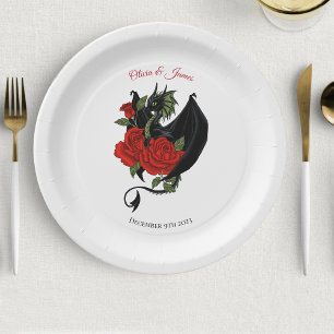 Black Dragon Red Roses Fantasy Paper Plate