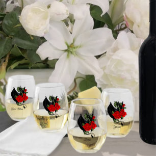Black Dragon Red Roses Fantasy Stemless Wine Glass