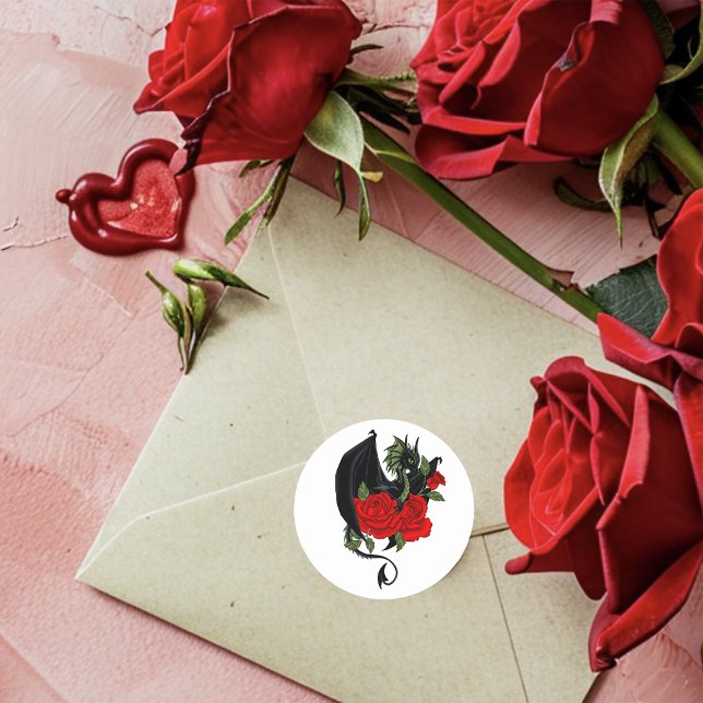Black Dragon Red Roses Fantasy Wedding Classic Round Sticker (Creator Uploaded)
