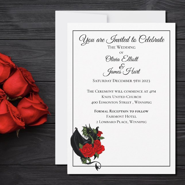 Black Dragon Red Roses Fantasy Wedding Invitation (Creator Uploaded)