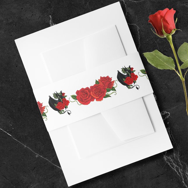 Black Dragon Red Roses Fantasy Wedding Invitation Belly Band (Creator Uploaded)