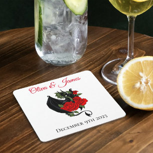 Black Dragon Red Roses Fantasy Wedding Square Paper Coaster