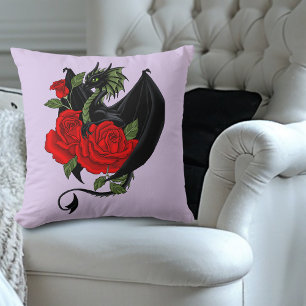 Black Dragon Red Roses Lavender Cushion