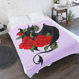 Black Dragon Red Roses Lavender Fleece Blanket