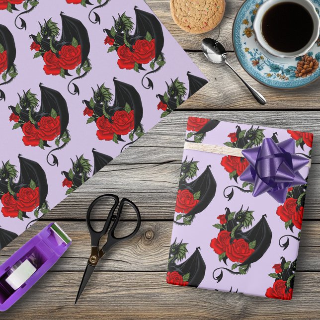 Black Dragon Red Roses Lavender Wrapping Paper (Creator Uploaded)