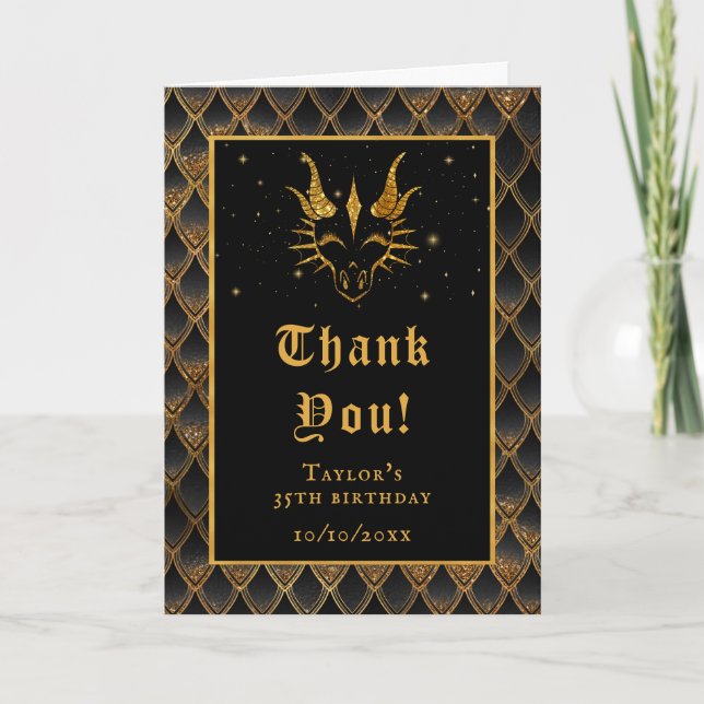 Black Dragon Scales Gold Faux Glitter Birthday Thank You Card (Front)