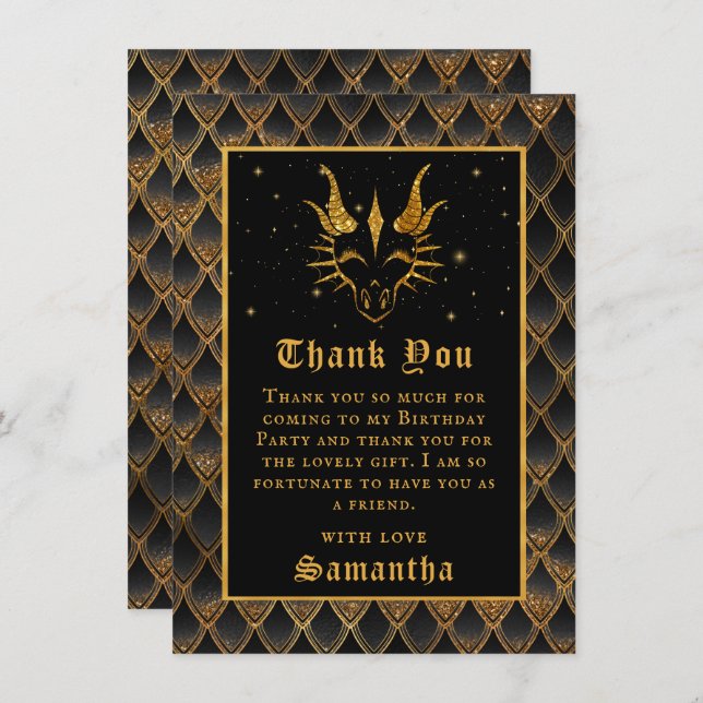 Black Dragon Scales Gold Faux Glitter Birthday Thank You Card (Front/Back)