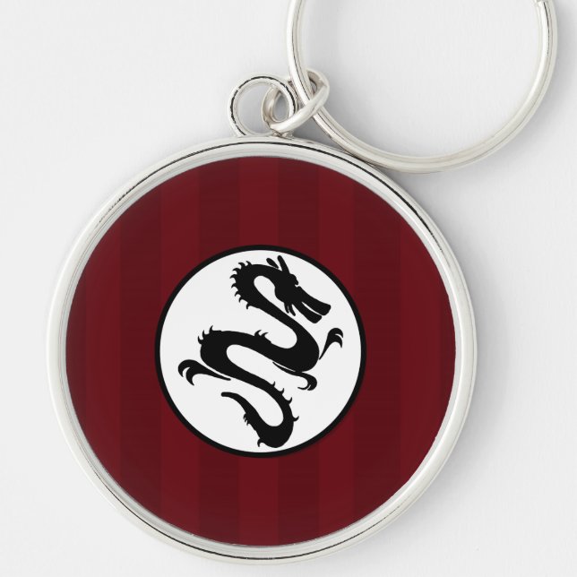 Black Dragon Silhouette on Red Stripes Key Ring (Front)
