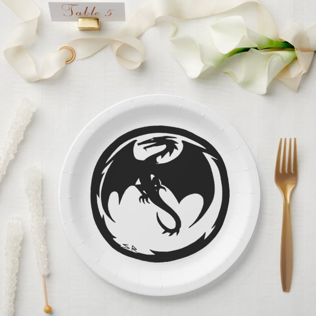 Black Dragon white large paper plates (Wedding)