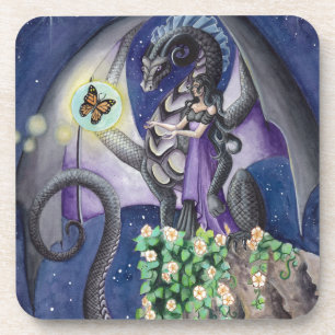 Black Dragon with butterfly dragon art Coaster