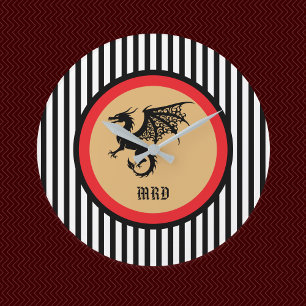 Black Dragon with Monogram n Black White Stripes   Large Clock