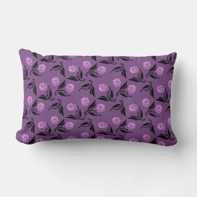 Black Dragonfly with Pink Flower Pattern Lumbar Cushion (Front)